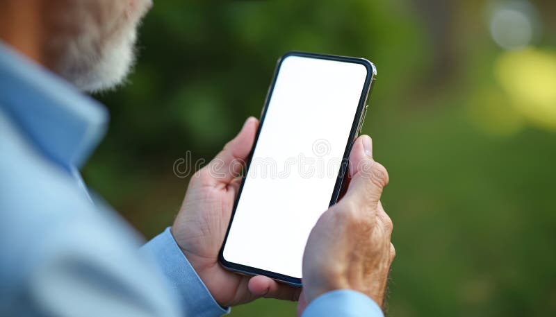 Senior man holds smartphone in hands, displaying digital connection. Elderly person using mobile tech outdoors. Modern stock illustration