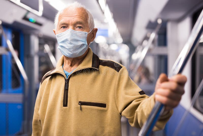Senior Man in Mask Inside Subway Car Stock Photo Image of european
