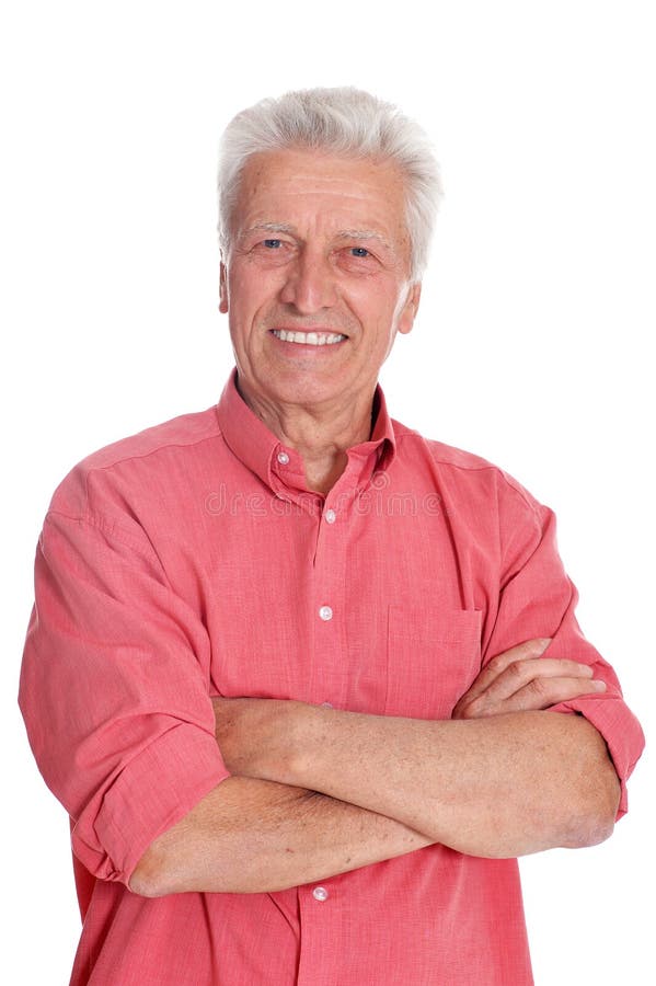 Senior man in pink shirt on white background