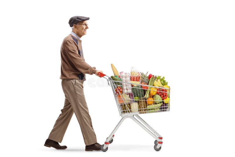 Senior Man Pushing A Shopping Cart Stock Photo Image of
