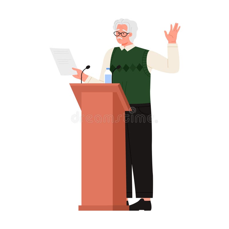 Elderly man presenting at conference podium with microphone and paper, isolated vector illustration. Conference podium vectors