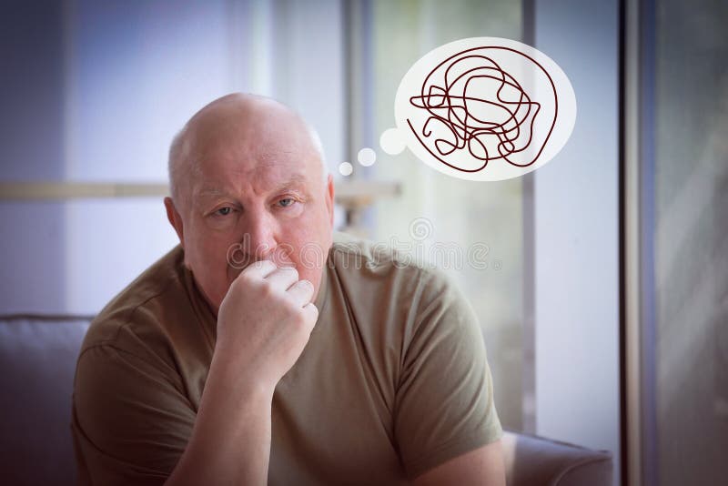 Senior man suffering from dementia at home. Illustration of thought bubble with messy scribble royalty free stock images
