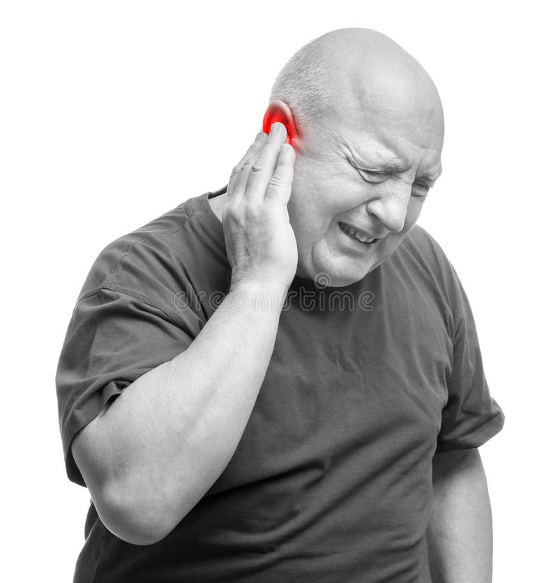 Senior man suffering from earache. Black and white tone royalty free stock images