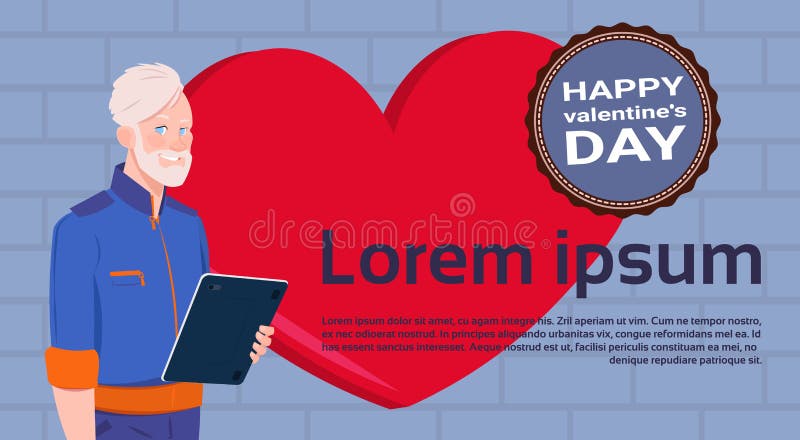 Senior Man With Tablet Computer Over Red Heart Template Background With Happy Valentines Day Label