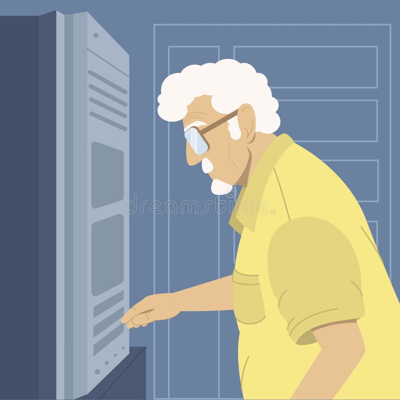 Senior man working at system server. Analysing server database system work. Elderly specialists monitor the servers. Server technology concept vector flat illustration.