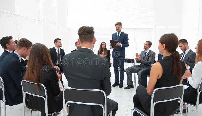 Manager reads a report for the business team. stock image