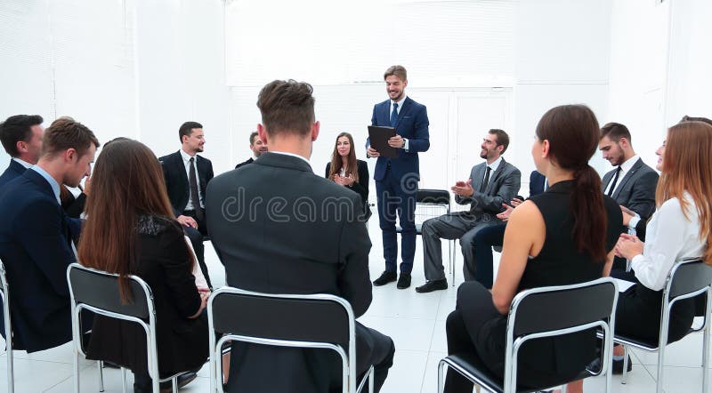 Manager reads a report for the business team. stock photo