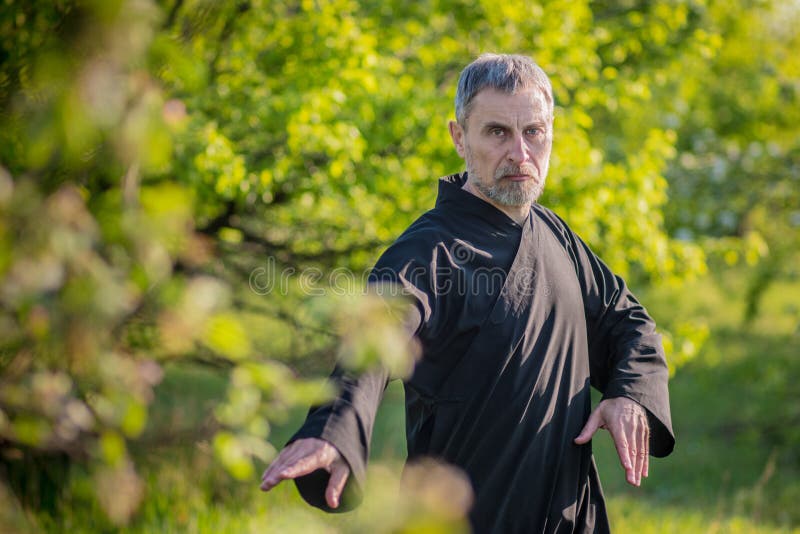 Senior Master Practicing Qiqong Taijiquan In The Wild Forest Breathing Exercise And Martial Art