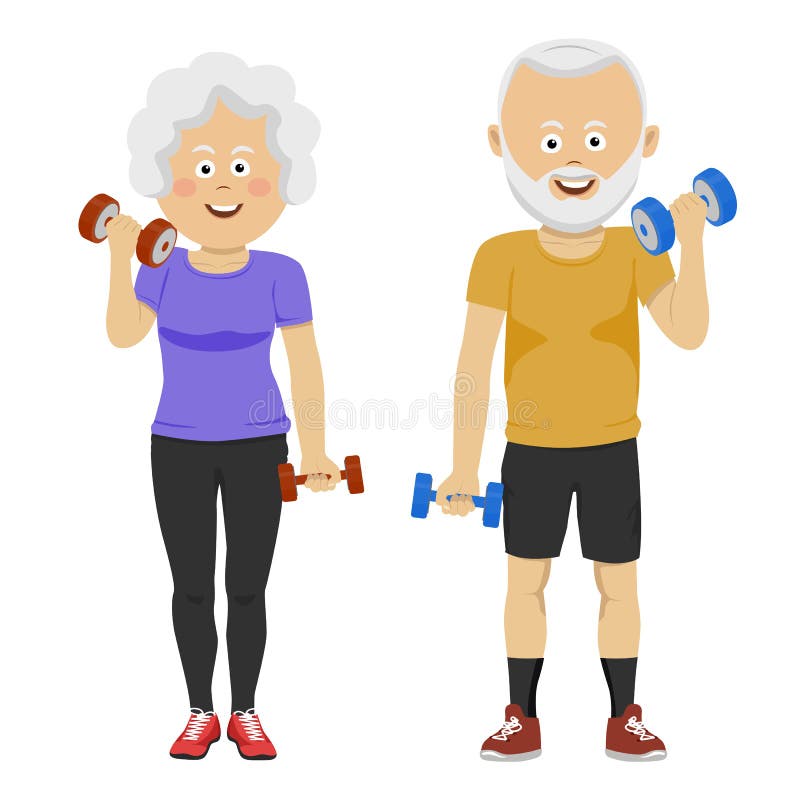 Senior people couple with dumbbells smiling. New training program for pensioners. Life and sports. royalty free illustration Senior people couple with dumbbells smiling. New training program for pensioners. Life and sports. royalty free illustration