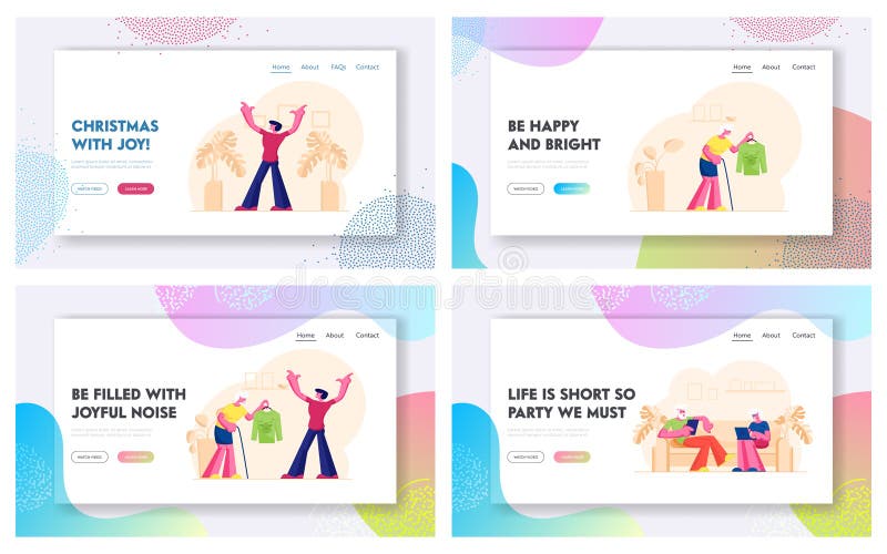 Senior People Lifestyle Website Landing Page Set. Old Couple Using Smart Gadgets. Grandmother Presenting Sweater stock illustration