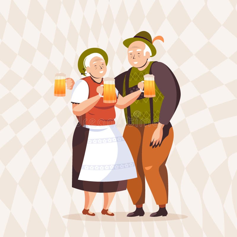 Senior people in traditional clothes drinking beer celebrating Oktoberfest party grandparents having fun full length vector illustration