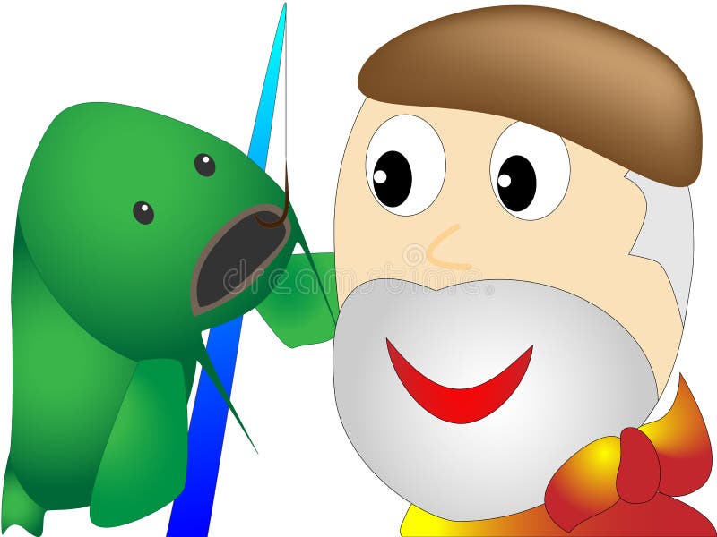 Senior - pescatore - un grande pesce ha preso una canna da pesca illustrazione vettoriale Senior - pescatore - un grande pesce ha preso una canna da pesca illustrazione vettoriale