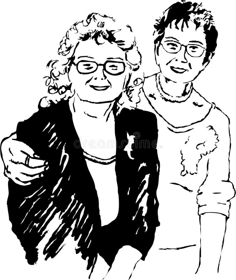 Sketchy drawing style illustration of two elderly ladies who are good friends. Sketchy drawing style illustration of two elderly ladies who are good friends