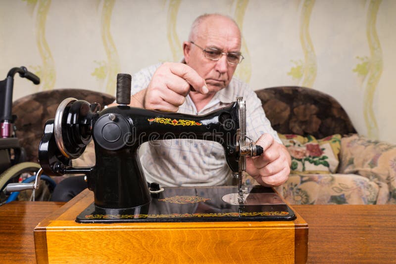 Senior Tailor Man Putting Thread on Sewing Machine Stock Image Image