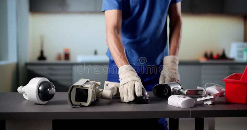 Senior Technician Installing Surveillance Camera For Building Security System. Old cctv monitor stock images, royalty-free photos and pictures