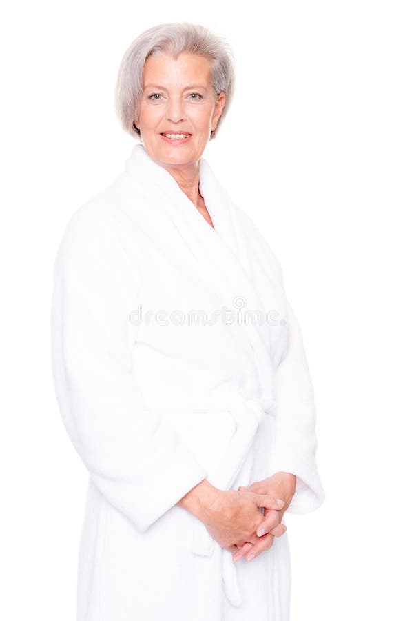 Senior woman with bathrobe stock image. Image of home 30599889
