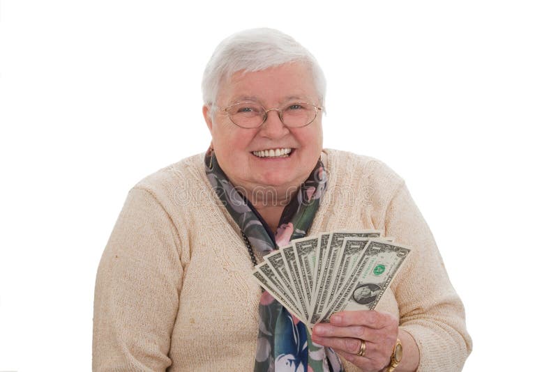 Senior woman with dollars - horizontal format