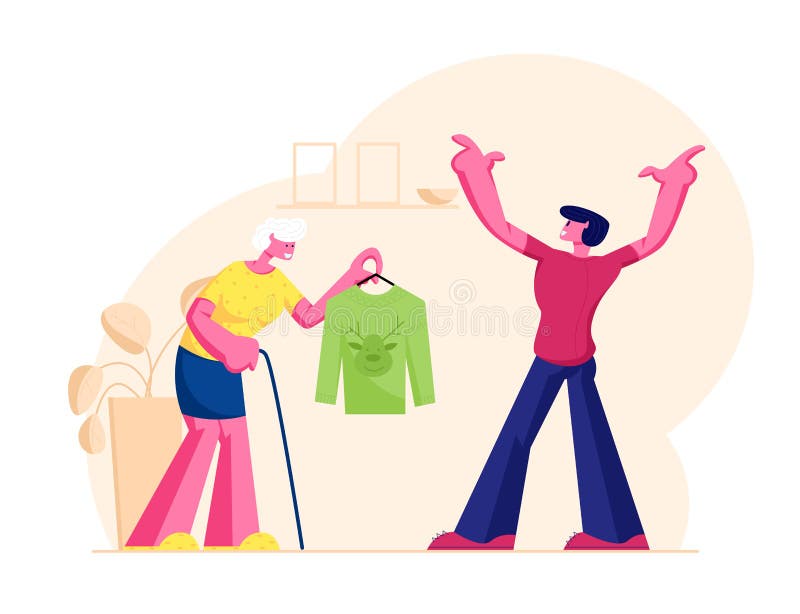 Senior Woman Grandmother with Walking Cane Presenting Traditional Knitted Sweater with Reindeer Head Print vector illustration Senior Woman Grandmother with Walking Cane Presenting Traditional Knitted Sweater with Reindeer Head Print vector illustration