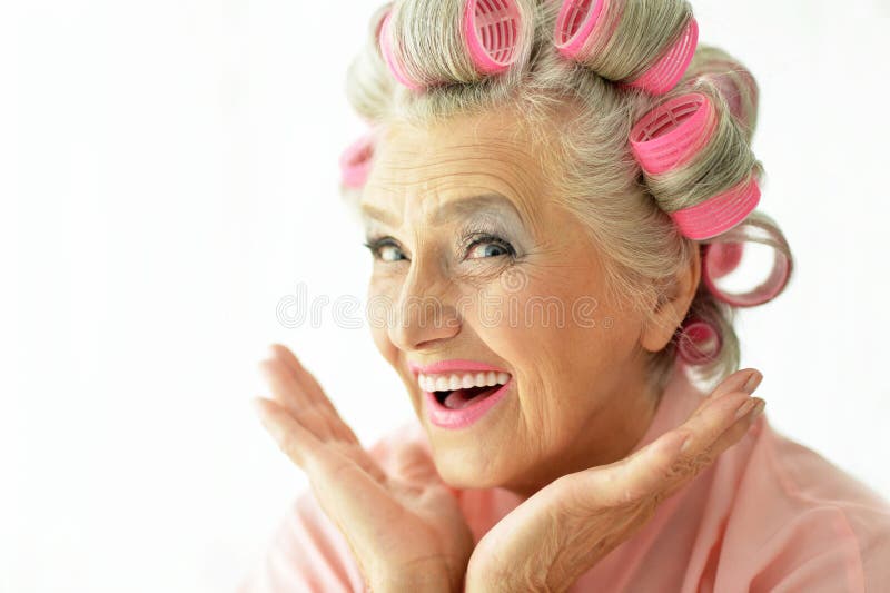 Senior Woman in Hair Rollers Stock Photo Image of happy, aged 75740778