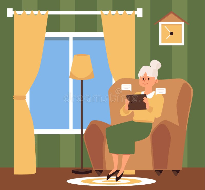 Senior woman at home and using electronic tablet, flat vector illustration. vector illustration
