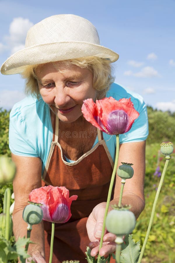 Senior Woman Relaxing And Taking Care Of Flowers In Garden ...
