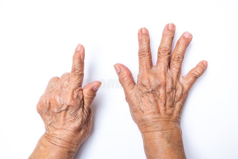 Senior woman`s hands counting 7 on white background, Numbers 1-10 in sign language concept stock images