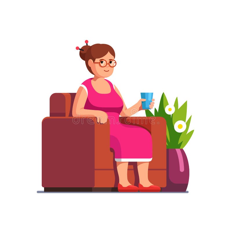 Senior woman wearing glasses sitting in armchair drinking water from cup. Old lady or grandmother resting comfortably at home living room. Flat style vector illustration isolated on white background. Senior woman wearing glasses sitting in armchair drinking water from cup. Old lady or grandmother resting comfortably at home living room. Flat style vector illustration isolated on white background.