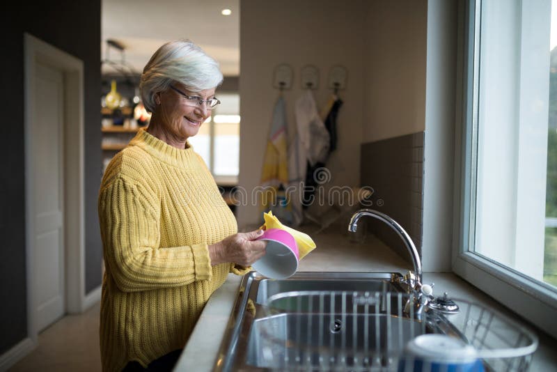 Senior Woman Washing Dish in Kitchen Sink Stock Image Image of elderly, hygienic 97397973