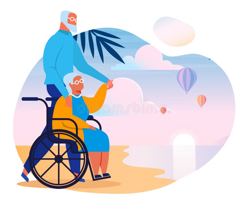 Seniors Couple on Sea Shore Vector Illustration. Old Man and Woman in Wheelchair Cartoon Characters. Happy Retirement. Elderly Married Pair on Beach Together. Husband and Wife Holding Hands