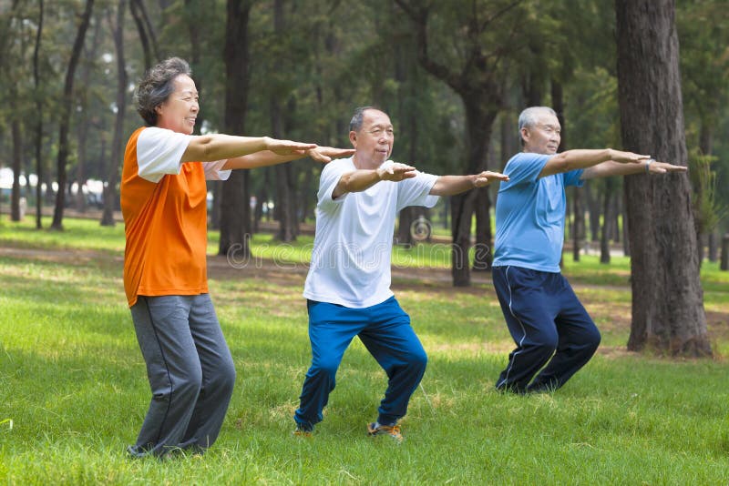 Seniors friends or family doing gymnastics in the park