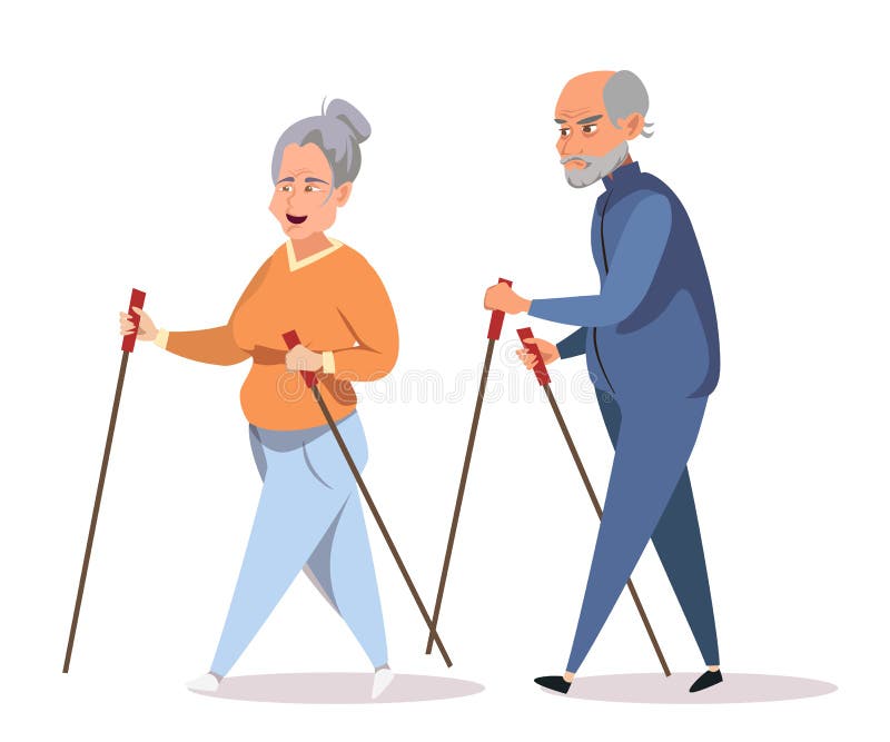 Seniors on outdoor stroll flat vector illustration. Old couple, aged husband and wife in sportswear cartoon characters. Nordic walk, happy retirement, healthy lifestyle