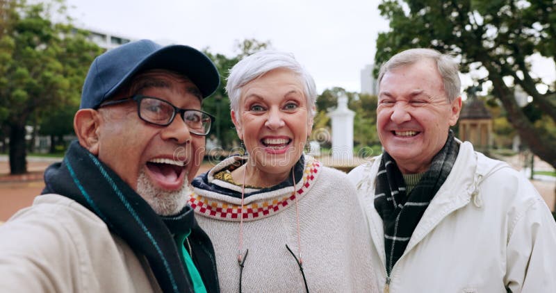 Seniorvrienden selfie en glimlach buitenshuis op een park voor social media reisgeheugen en liefde. profielbeelddiversiteit