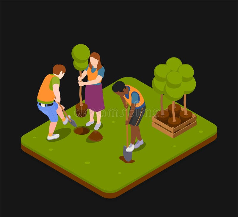 Ecological awareness composition on black background with people looking after environment planting trees in garden 3d isometric vector illustration. Ecological awareness composition on black background with people looking after environment planting trees in garden 3d isometric vector illustration