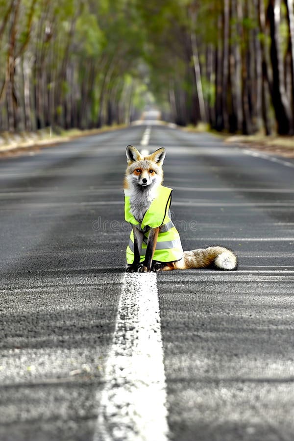 This vibrant poster depicts a grey fox wearing a bright dayglow yellow (green) vest seated in the center of a long, tree-lined road. The sunlight filters through the foliage, creating a serene yet cautionary scene. The poster serves as a poignant reminder to drivers to reduce speed and remain vigilant in forested areas to prevent roadkill and ensure the safety of wildlife. This vibrant poster depicts a grey fox wearing a bright dayglow yellow (green) vest seated in the center of a long, tree-lined road. The sunlight filters through the foliage, creating a serene yet cautionary scene. The poster serves as a poignant reminder to drivers to reduce speed and remain vigilant in forested areas to prevent roadkill and ensure the safety of wildlife.