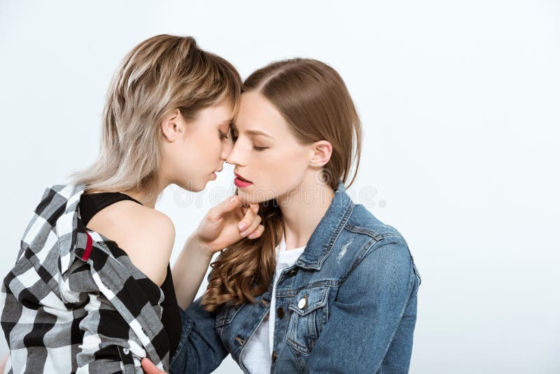 Asia Lesbian Lgbt Couple Hug And Nose Kiss On Rooftop Of Building With