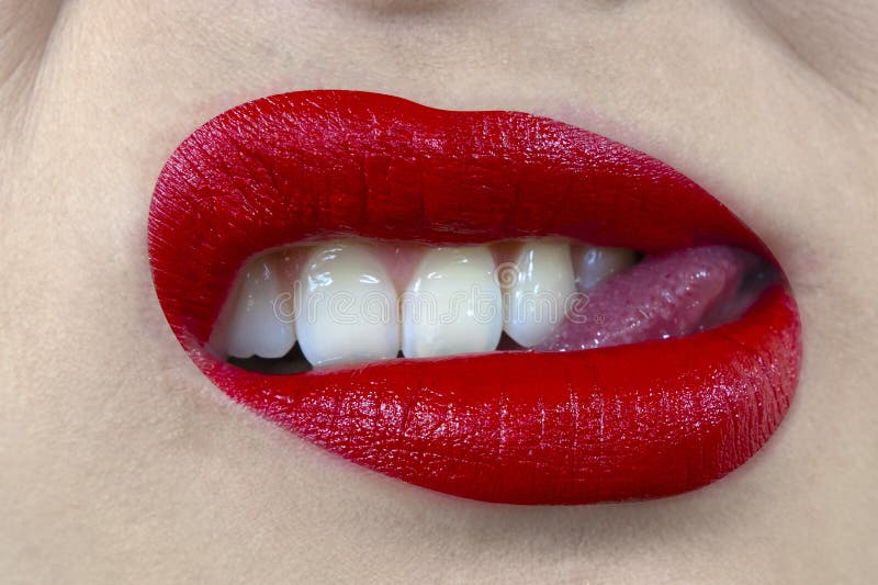Sensual and Mouth with Red Lipstick, White Teeth Biting Tongue Pose. Stock Image - Image of makeup, 225456767