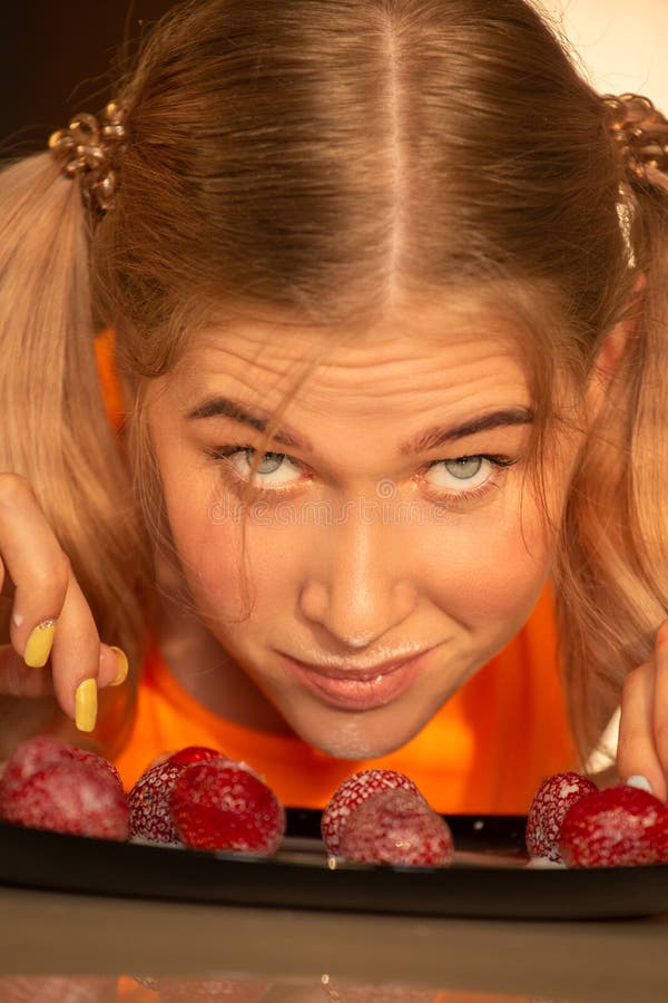 Girl Eats Strawberry Stock Image Image Of Milk Rest 152800653