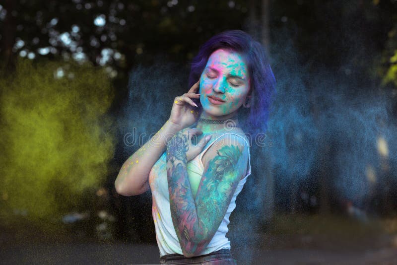 Sensual Woman With Purple Hair Posing With Exploding Holi Powder Stock Image Image Of Festival 