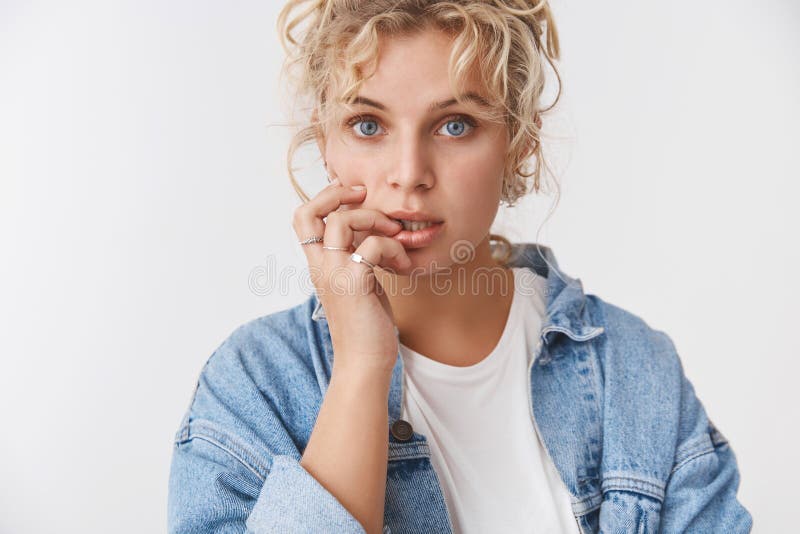 Sensuality, tenderness lifestyle concept. Attractive dreamy feminine blond blue-eyed girlfriend curly haircut open mouth stock photo Sensuality, tenderness lifestyle concept. Attractive dreamy feminine blond blue-eyed girlfriend curly haircut open mouth stock photo