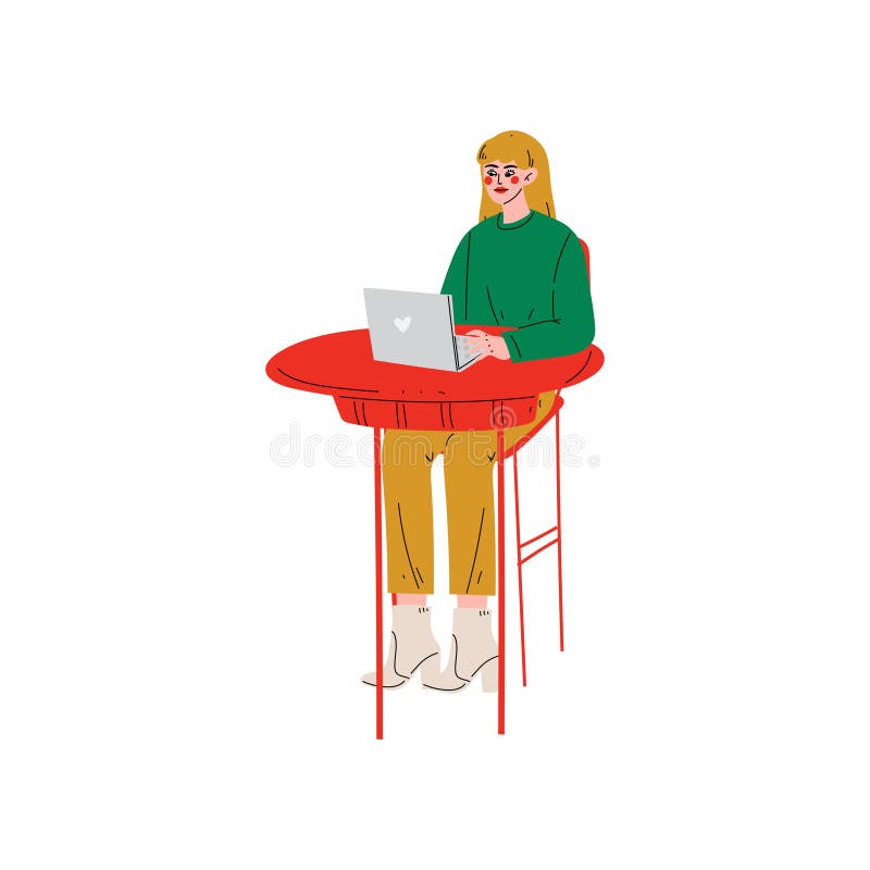 Sentada de la muchacha en el escritorio y funcionamiento en el ejemplo del ordenador portátil, independiente o social de la red d stock de ilustración Sentada de la muchacha en el escritorio y funcionamiento en el ejemplo del ordenador portátil, independiente o social de la red d stock de ilustración