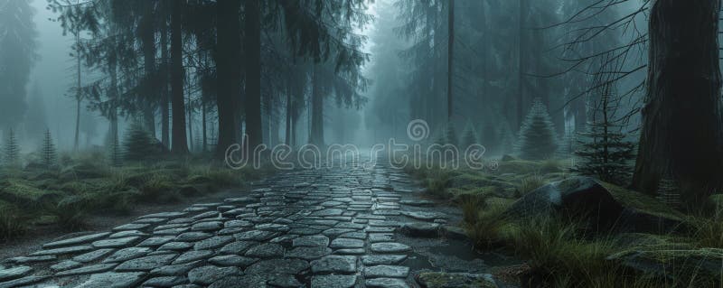 Capture the serene and mysterious ambiance of a mist-covered forest. This image features a cobblestone path leading through tall, dense trees shrouded in fog, immediately after a rainfall, creating a magical, tranquil atmosphere perfect for atmospheric scenes or nature backgrounds. AI generated. Capture the serene and mysterious ambiance of a mist-covered forest. This image features a cobblestone path leading through tall, dense trees shrouded in fog, immediately after a rainfall, creating a magical, tranquil atmosphere perfect for atmospheric scenes or nature backgrounds. AI generated