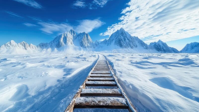 Sentiero di neve lungo una via ghiacciata attraverso una vista paesaggistica invernale delle meraviglie di un paesaggio congelato illustrazione vettoriale