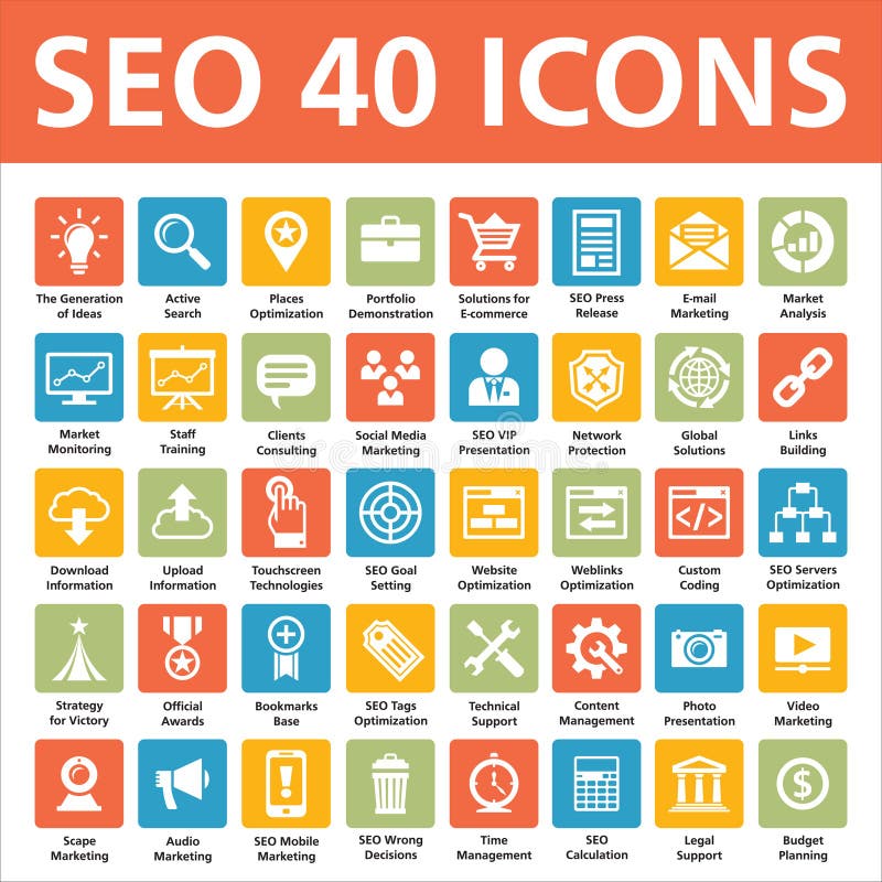 SEO 40 διανυσματικά εικονίδια ελεύθερη απεικόνιση δικαιώματος