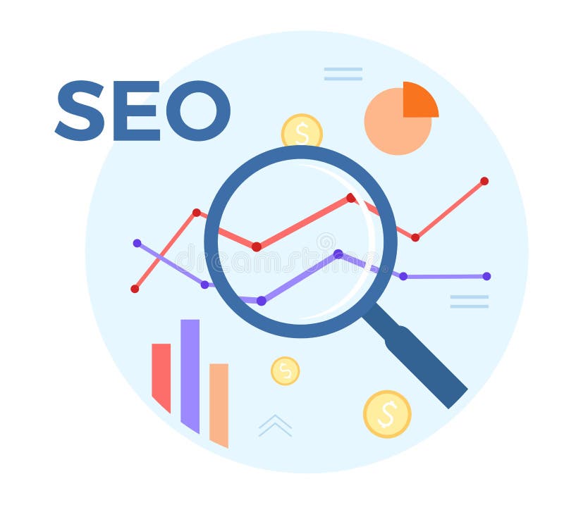 SEO analysis vector flat illustration. Concept of accounting, analysis, audit, financial report. Auditing tax process stock illustration SEO analysis vector flat illustration. Concept of accounting, analysis, audit, financial report. Auditing tax process stock illustration