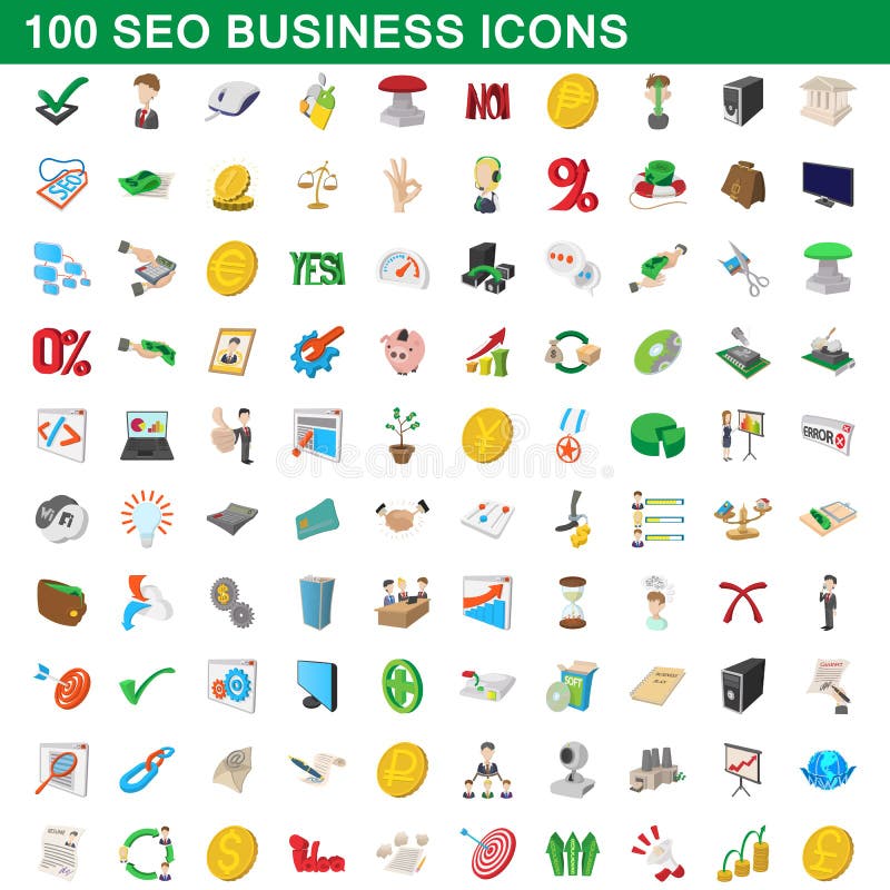 100 seo biznesowych ikon ustawiających, kreskówka styl royalty ilustracja 100 seo biznesowych ikon ustawiających, kreskówka styl royalty ilustracja