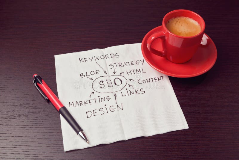 SEO diagram on napkin with coffee cup. Working process concept royalty free stock images