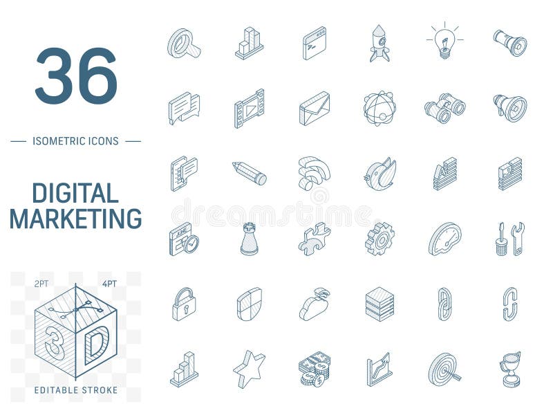 Seo e Digital Market Analytics icone della linea isometrica 3d vettore illustrazione vettoriale