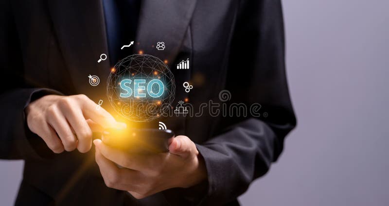 SEO Search Engine Optimization, Hand holding mobile phone and concept for the best promoting ranking traffic on website