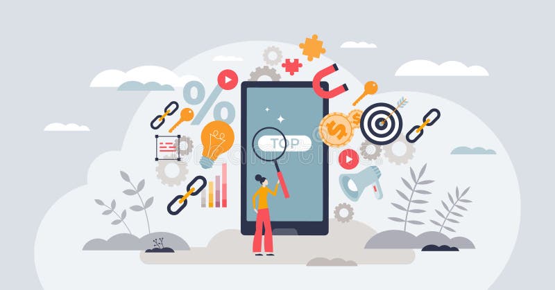 Seo i mobilna optymalizacja wydajności marketingu koncepcja małej osoby ilustracji