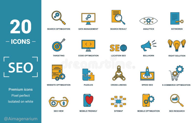 Seo icon set. Include creative elements search optimization, search result, right solution, code optimization, website royalty free illustration Seo icon set. Include creative elements search optimization, search result, right solution, code optimization, website royalty free illustration